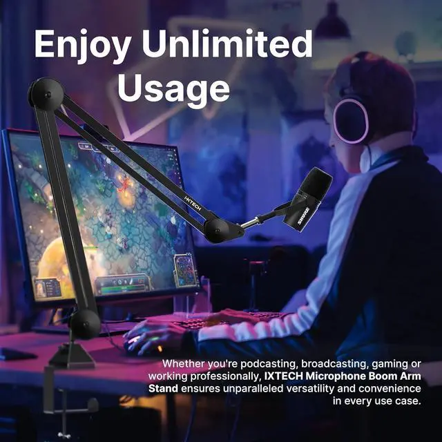 Alt view image 6 of 7 - IXTECH Microphone Boom Arm Stand, Heavy Duty Adjustable Mic Stand with Cable Ties, Desk Mount Arm Stand for Gaming Streaming Podcasting Large
