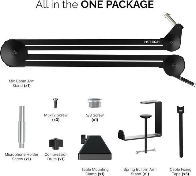 Alt view image 7 of 7 - IXTECH Microphone Boom Arm Stand, Heavy Duty Adjustable Mic Stand with Cable Ties, Desk Mount Arm Stand for Gaming Streaming Podcasting Large