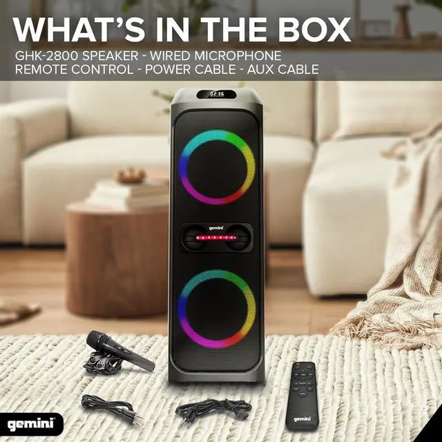 Alt view image 2 of 9 - Gemini Sound GHK-2800-4800W Party Speaker with Bass Boost, LED Lights & Voice-Changing Effects, Bluetooth Karaoke, includes Microphone & Remote
