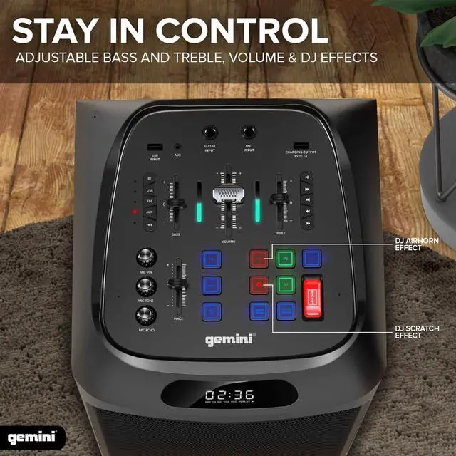 Alt view image 7 of 9 - Gemini Sound GHK-2800-4800W Party Speaker with Bass Boost, LED Lights & Voice-Changing Effects, Bluetooth Karaoke, includes Microphone & Remote