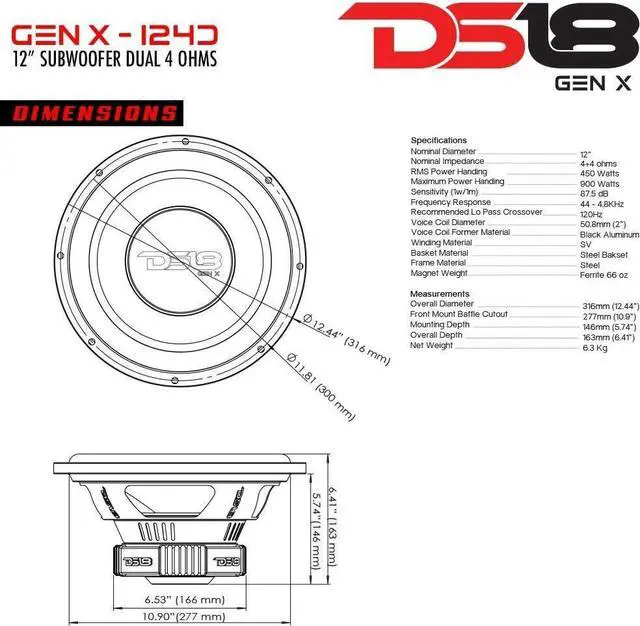 Alt view image 7 of 7 - ds18 gen-x124d subwoofer in black - 4 layer black aluminum voice coil, 12", 900w max power, 450w rms, dual 4 ohms - powerful car audio bass speaker (1 speaker)