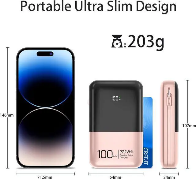 Alt view image 3 of 7 - JONKUU Mini Power Bank 10000mAh with Built in Cables 22.5W PD USB C Ultra-Fast Large Capacity Portable Charger Compatible with iPhone Samsung Huawei iPad and More (Pink) Pink