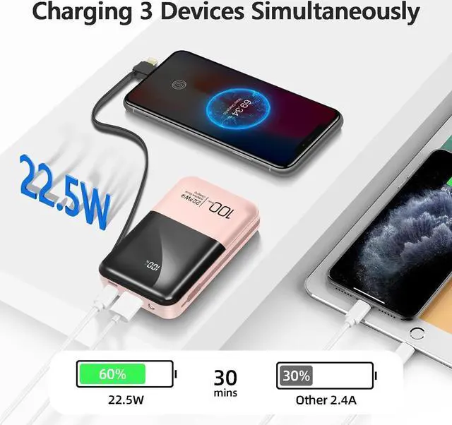 Alt view image 4 of 7 - JONKUU Mini Power Bank 10000mAh with Built in Cables 22.5W PD USB C Ultra-Fast Large Capacity Portable Charger Compatible with iPhone Samsung Huawei iPad and More (Pink) Pink