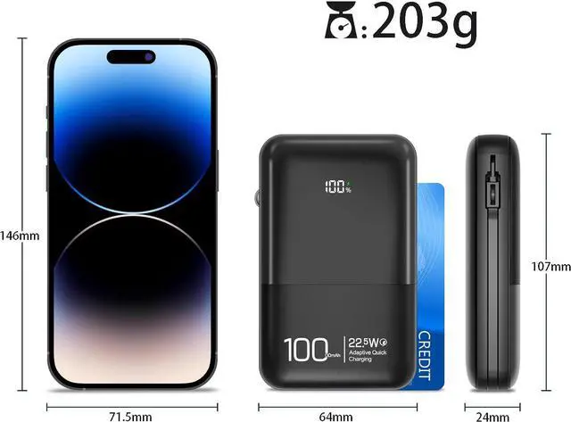 Alt view image 2 of 7 - JONKUU Mini Power Bank 10000mAh with Built in Cables 22.5W PD USB C Ultra-Fast Large Capacity Portable Charger Compatible with iPhone Samsung Huawei iPad and More (Black) Black