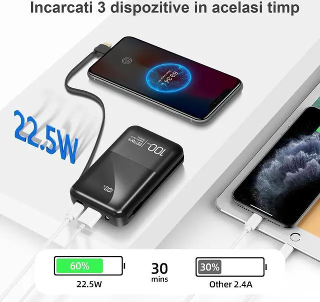 Alt view image 3 of 7 - JONKUU Mini Power Bank 10000mAh with Built in Cables 22.5W PD USB C Ultra-Fast Large Capacity Portable Charger Compatible with iPhone Samsung Huawei iPad and More (Black) Black
