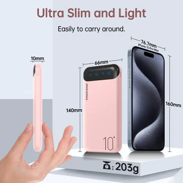 Alt view image 5 of 7 - JONKUU Power Bank 10000mAh Portable Charger Slim External Battery Pack with 2 USB 2.4A Outputs and USB C In/Out Compatible with Huawei iPhone 16 15 14 13 12 iPad Samsung Galaxy S20 Android Tablet