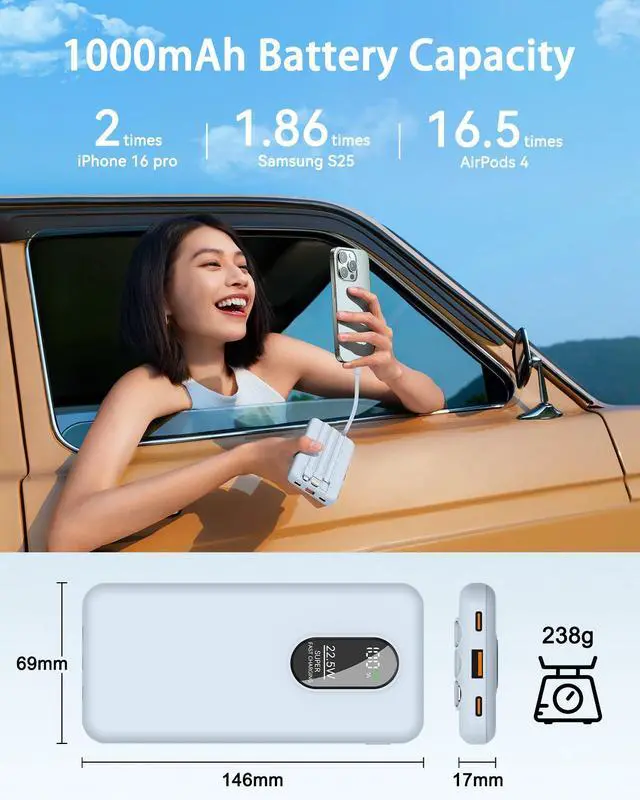 Alt view image 2 of 7 - Portable Mobile Phone Power Bank Charger 10000mAh, Input/Output Type-C, USB C Block,5-USB Output Built-In Type-C Cable, Suitable For IOS Cable Charging, USB-A Output Interface, For IOS And Other Serie