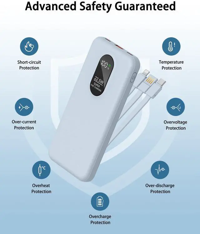 Alt view image 6 of 7 - Portable Mobile Phone Power Bank Charger 10000mAh, Input/Output Type-C, USB C Block,5-USB Output Built-In Type-C Cable, Suitable For IOS Cable Charging, USB-A Output Interface, For IOS And Other Serie
