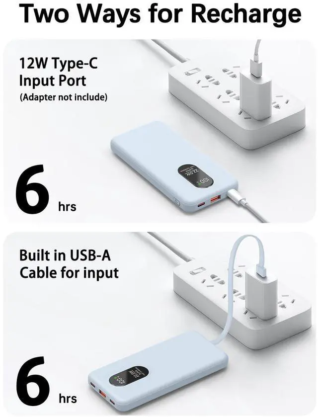 Alt view image 4 of 7 - Portable Mobile Phone Power Bank Charger 10000mAh, Input/Output Type-C, USB C Block,5-USB Output Built-In Type-C Cable, Suitable For IOS Cable Charging, USB-A Output Interface, For IOS And Other Serie