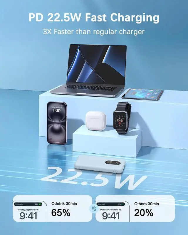 Alt view image 7 of 7 - Portable Mobile Phone Power Bank Charger 10000mAh, Input/Output Type-C, USB C Block,5-USB Output Built-In Type-C Cable, Suitable For IOS Cable Charging, USB-A Output Interface, For IOS And Other Serie