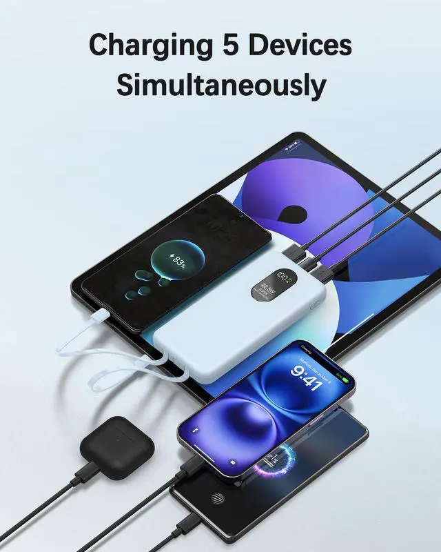 Alt view image 5 of 7 - Portable Mobile Phone Power Bank Charger 10000mAh, Input/Output Type-C, USB C Block,5-USB Output Built-In Type-C Cable, Suitable For IOS Cable Charging, USB-A Output Interface, For IOS And Other Serie