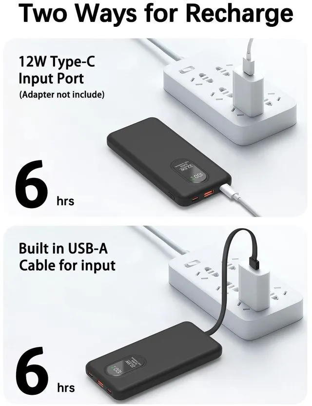 Alt view image 4 of 7 - Portable Mobile Phone Power Bank Charger 10000mAh, Input/Output Type-C, USB C Block,5-USB Output Built-In Type-C Cable, Suitable For IOS Cable Charging, USB-A Output Interface, For IOS And Other Serie