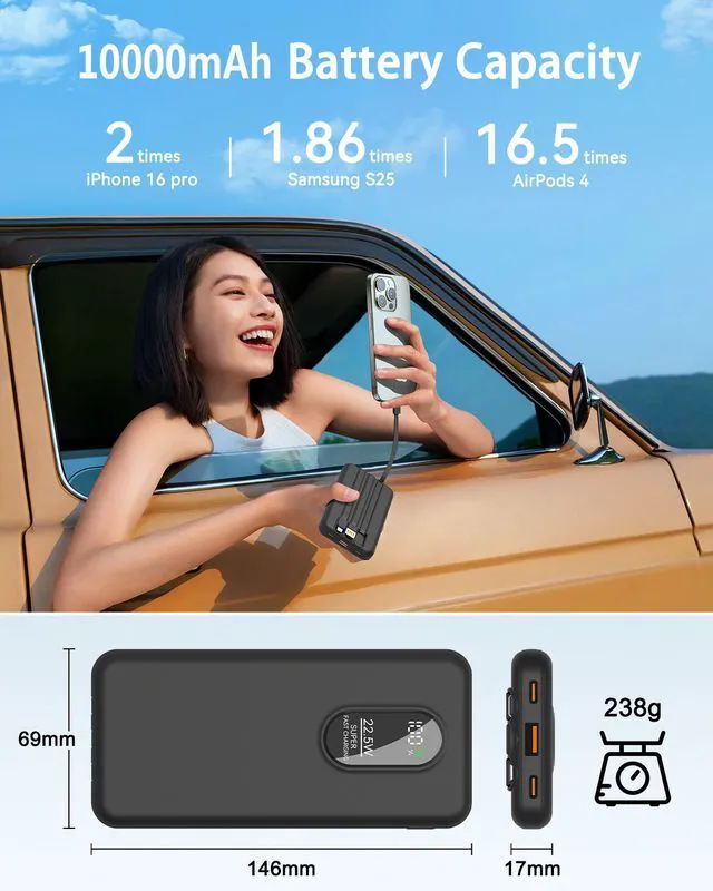Alt view image 2 of 7 - Portable Mobile Phone Power Bank Charger 10000mAh, Input/Output Type-C, USB C Block,5-USB Output Built-In Type-C Cable, Suitable For IOS Cable Charging, USB-A Output Interface, For IOS And Other Serie