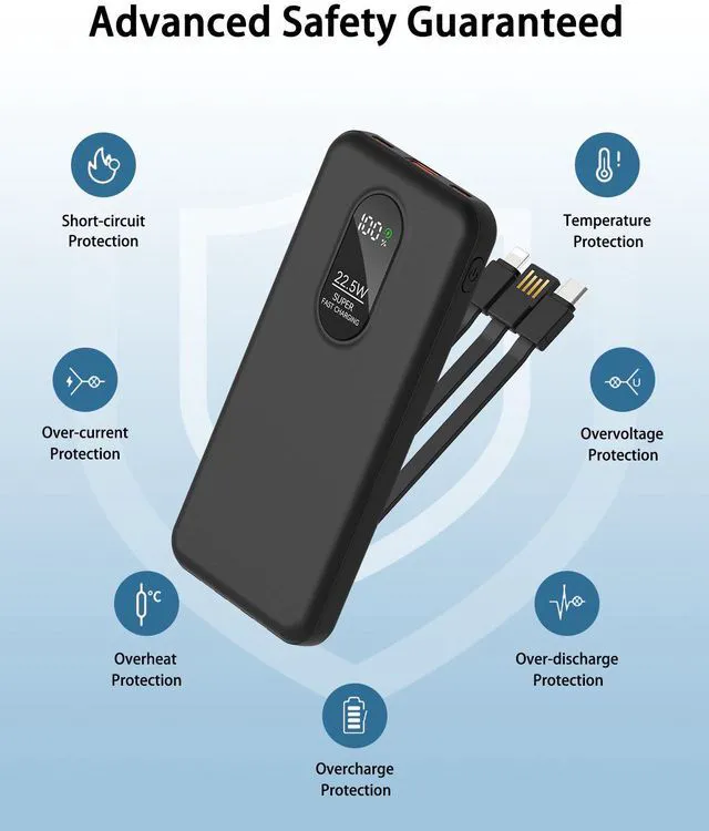 Alt view image 6 of 7 - Portable Mobile Phone Power Bank Charger 10000mAh, Input/Output Type-C, USB C Block,5-USB Output Built-In Type-C Cable, Suitable For IOS Cable Charging, USB-A Output Interface, For IOS And Other Serie