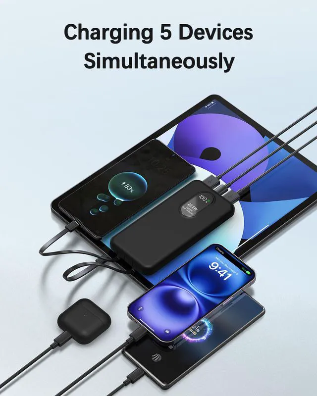 Alt view image 5 of 7 - Portable Mobile Phone Power Bank Charger 10000mAh, Input/Output Type-C, USB C Block,5-USB Output Built-In Type-C Cable, Suitable For IOS Cable Charging, USB-A Output Interface, For IOS And Other Serie