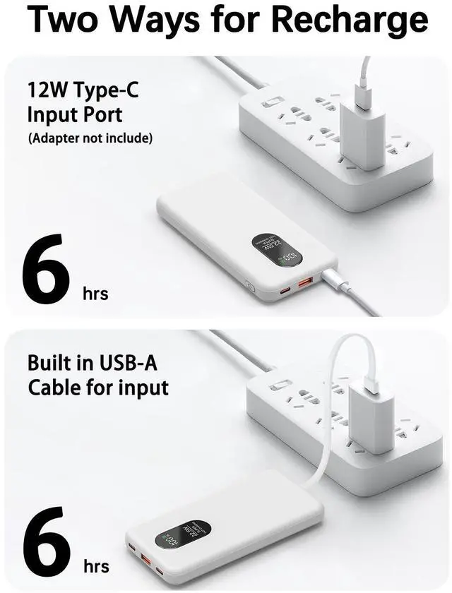 Alt view image 4 of 7 - Portable Mobile Phone Power Bank Charger 10000mAh, Input/Output Type-C, USB C Block,5-USB Output Built-In Type-C Cable, Suitable For IOS Cable Charging, USB-A Output Interface, For IOS And Other Serie