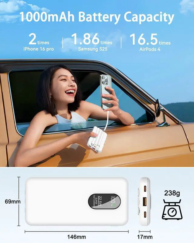 Alt view image 2 of 7 - Portable Mobile Phone Power Bank Charger 10000mAh, Input/Output Type-C, USB C Block,5-USB Output Built-In Type-C Cable, Suitable For IOS Cable Charging, USB-A Output Interface, For IOS And Other Serie