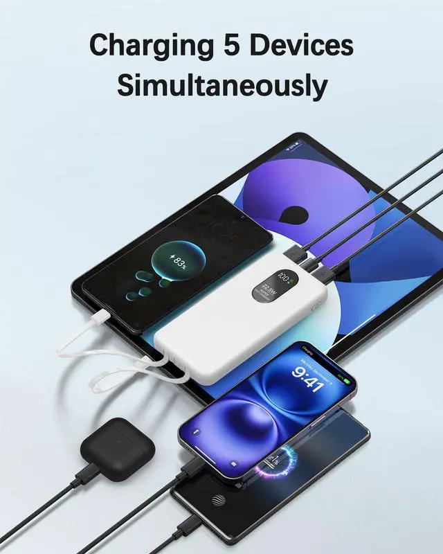 Alt view image 5 of 7 - Portable Mobile Phone Power Bank Charger 10000mAh, Input/Output Type-C, USB C Block,5-USB Output Built-In Type-C Cable, Suitable For IOS Cable Charging, USB-A Output Interface, For IOS And Other Serie