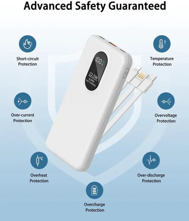 Alt view image 6 of 7 - Portable Mobile Phone Power Bank Charger 10000mAh, Input/Output Type-C, USB C Block,5-USB Output Built-In Type-C Cable, Suitable For IOS Cable Charging, USB-A Output Interface, For IOS And Other Serie