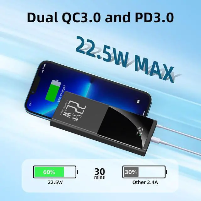 Alt view image 2 of 7 - 10000mAh Portable Power Bank Charger, 22.5W Fast Charging, PD3.0 QC4.0, USB-C Slim Battery Pack, For IPhone Samsung Google IPad