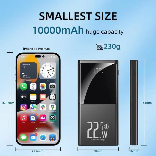 Alt view image 6 of 7 - 10000mAh Portable Power Bank Charger, 22.5W Fast Charging, PD3.0 QC4.0, USB-C Slim Battery Pack, For IPhone Samsung Google IPad