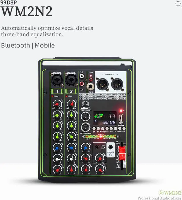 Alt view image 5 of 7 - COKYISS WM2N2 Audio Mixer, 4 Channel Multi-Functional Audio Mixer with Digital Reverberation Effect, Suitable for Home Studio Recording and Stage Performances