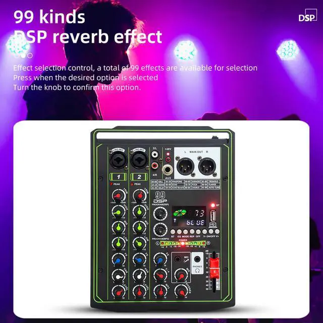Alt view image 4 of 7 - COKYISS WM2N2 Audio Mixer, 4 Channel Multi-Functional Audio Mixer with Digital Reverberation Effect, Suitable for Home Studio Recording and Stage Performances