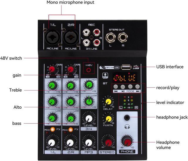 Alt view image 7 of 7 - COKYISS Audio Mixer, 4 Channel Multi-Functional Audio Mixer with Bluetooth Reverb Effect, Suitable for Home Studio Recording and Stage Performances