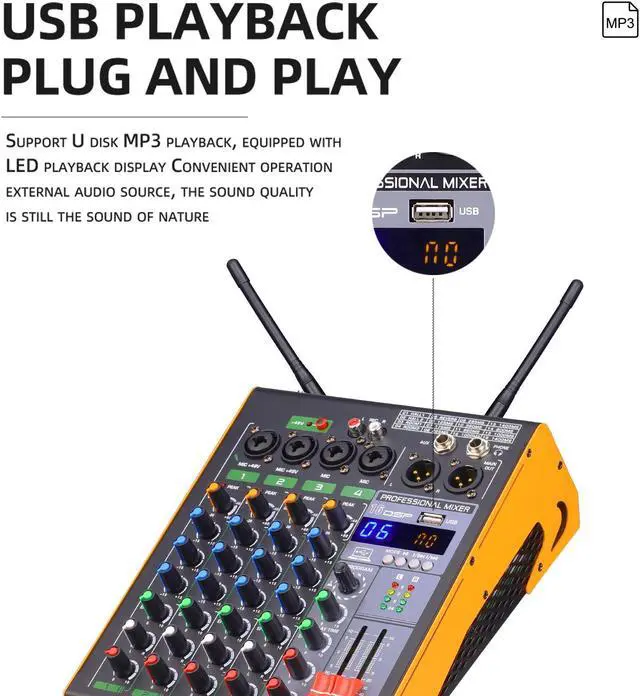 Alt view image 4 of 7 - COKYISS Wireless Microphone Mixer, 4-Way Multi-Function Mixer, with Bluetooth Reverb Effect Amplifier, Suitable for Home Studio Recording and Stage Performances