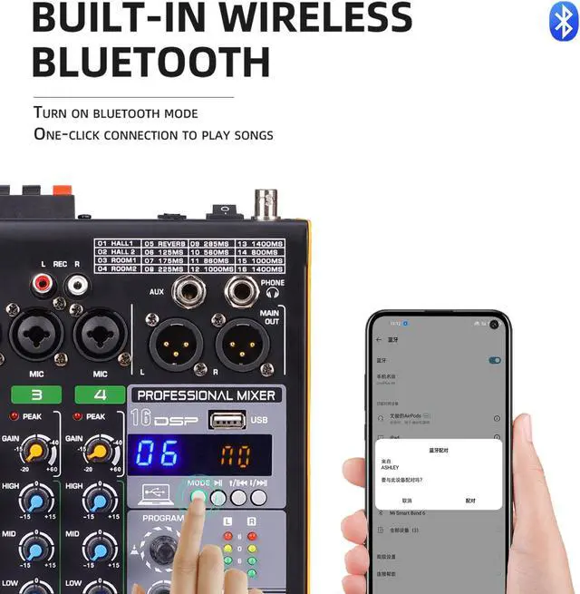 Alt view image 5 of 7 - COKYISS Wireless Microphone Mixer, 4-Way Multi-Function Mixer, with Bluetooth Reverb Effect Amplifier, Suitable for Home Studio Recording and Stage Performances