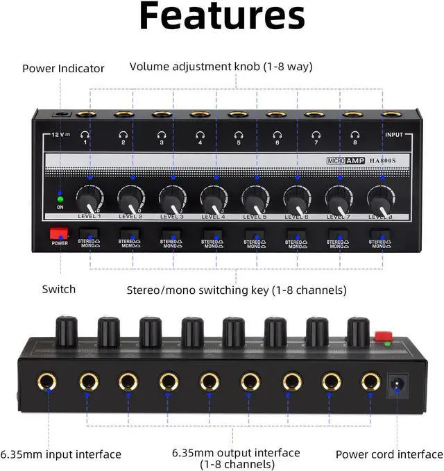 Alt view image 7 of 7 - COKYISS Headphones Amp, 8-Channel Stereo Portable Headphone Amplifier, Lossless Sound Quality, Metal Black and White