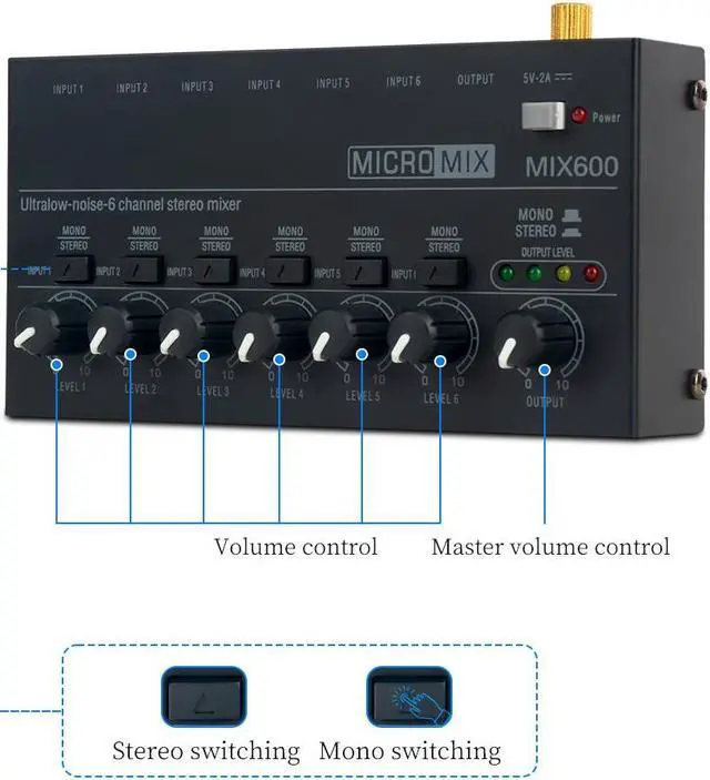 Alt view image 3 of 7 - COKYISS Ultra-Compact Mixer, Suitable for Home Studio Recording and Live Broadcast, Low Noise 6 Channel Stereo Audio Mixer