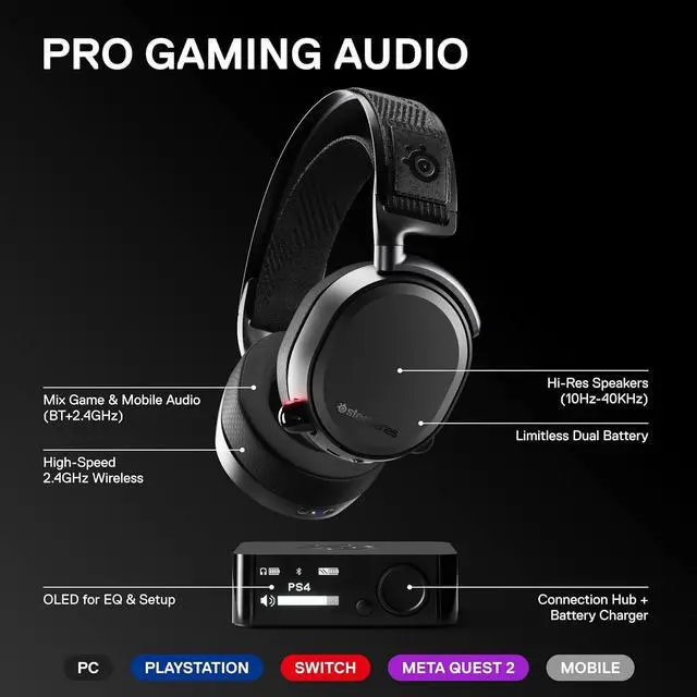 Alt view image 2 of 4 - SteelSeries Arctis Pro Wireless Gaming Headset - High Fidelity 2.4 GHz Wireless - Mixable Bluetooth - Non-Stop Dual Battery - OLED Base Station - AI Noise Canceling Mic - PC, PS5, PS4, Mobile - Black