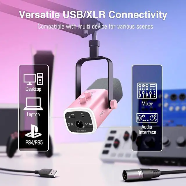 Alt view image 3 of 7 - FIFINE XLR Gaming Microphone USB, PC Dynamic Microphone Kit for Vocal, Recording, Podcast, Streaming RGB Mic with Headphone Jack, Mute Button, Boom Arm Stand for Computer/Mixer-AmpliGame AM8T Pink