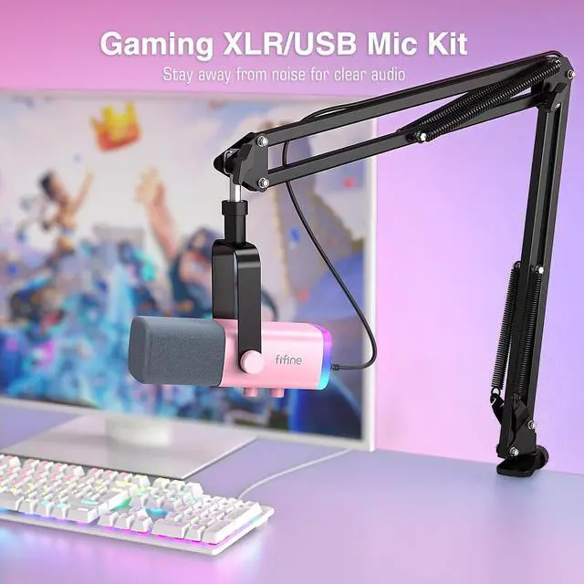 Alt view image 2 of 7 - FIFINE XLR Gaming Microphone USB, PC Dynamic Microphone Kit for Vocal, Recording, Podcast, Streaming RGB Mic with Headphone Jack, Mute Button, Boom Arm Stand for Computer/Mixer-AmpliGame AM8T Pink