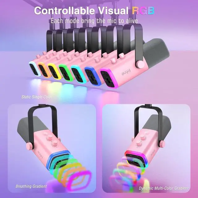 Alt view image 5 of 7 - FIFINE XLR Gaming Microphone USB, PC Dynamic Microphone Kit for Vocal, Recording, Podcast, Streaming RGB Mic with Headphone Jack, Mute Button, Boom Arm Stand for Computer/Mixer-AmpliGame AM8T Pink