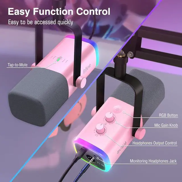 Alt view image 6 of 7 - FIFINE XLR Gaming Microphone USB, PC Dynamic Microphone Kit for Vocal, Recording, Podcast, Streaming RGB Mic with Headphone Jack, Mute Button, Boom Arm Stand for Computer/Mixer-AmpliGame AM8T Pink