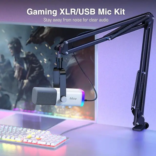 Alt view image 2 of 7 - FIFINE Gaming XLR/USB Microphone Kit, Streaming Dynamic Mic Set for PC, Computer Mic for Vocal Podcast Recording Voiceover, with Headphones Jack, Gain Knob, Arm Stand-AmpliGame AM8T White