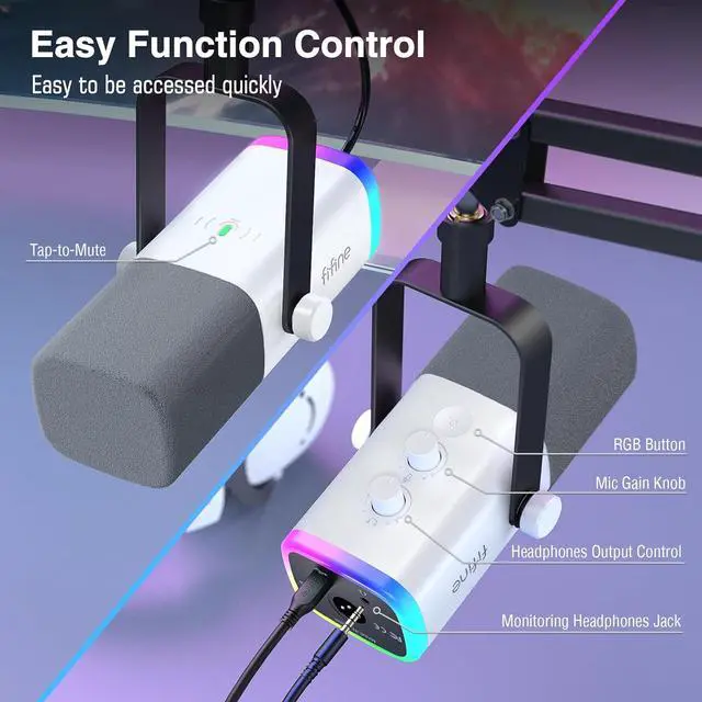 Alt view image 6 of 7 - FIFINE Gaming XLR/USB Microphone Kit, Streaming Dynamic Mic Set for PC, Computer Mic for Vocal Podcast Recording Voiceover, with Headphones Jack, Gain Knob, Arm Stand-AmpliGame AM8T White
