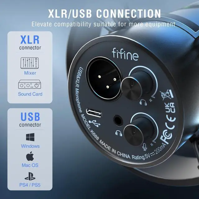 Alt view image 3 of 6 - FIFINE Dynamic Podcast Microphone Set with Boom Arm Stand, Studio XLR/USB Microphone for Recording Vocal Streaming, Metal Mic with Mute Tap, Headphone Jack, Heavy Duty Boom Arm-K688T