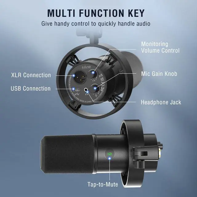 Alt view image 4 of 6 - FIFINE Dynamic Podcast Microphone Set with Boom Arm Stand, Studio XLR/USB Microphone for Recording Vocal Streaming, Metal Mic with Mute Tap, Headphone Jack, Heavy Duty Boom Arm-K688T