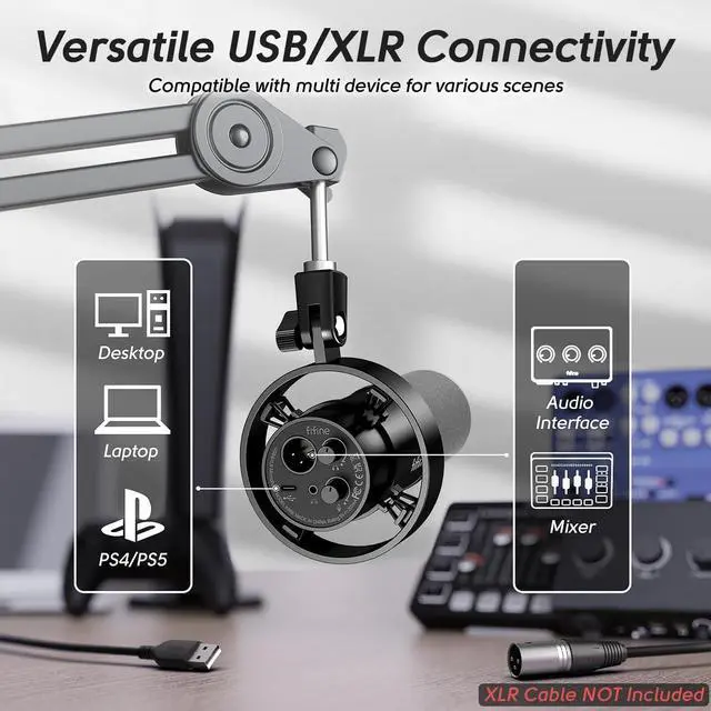 Alt view image 3 of 7 - FIFINE Dynamic Microphone and Heavy Duty Boom Arm Kit,XLR/USB Podcast Recording PC Mic Set with Headphone Jack, Monitoring Volume Control, Windscreen for Vocal Streaming Voice-Over Gaming (K688+BM63)
