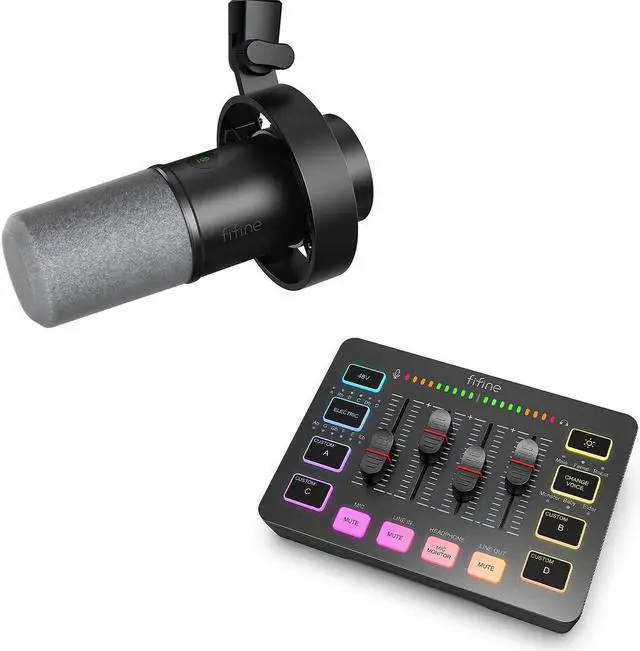 Main image of FIFINE Gaming Audio Mixer and XLR/USB Dynamic Microphone Bundle, Streaming 4-Channel RGB Mixer with XLR Microphone Interface,48V Phantom Power for Game, Voice, Podcast, Recording, YouTube (SC3+K688)