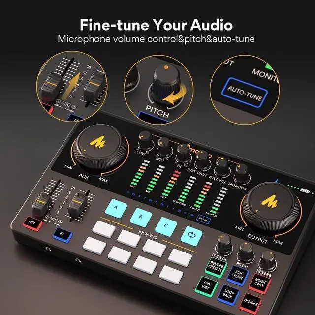 Alt view image 6 of 6 - MAONO Podcast Equipment Bundle with Audio Interface and XLR Condenser Microphone, MaonoCaster with 48V Phantom Power, Bluetooth for Podcast, Streaming, Voice Over, Youtube, PC, Guitar (AME2A)