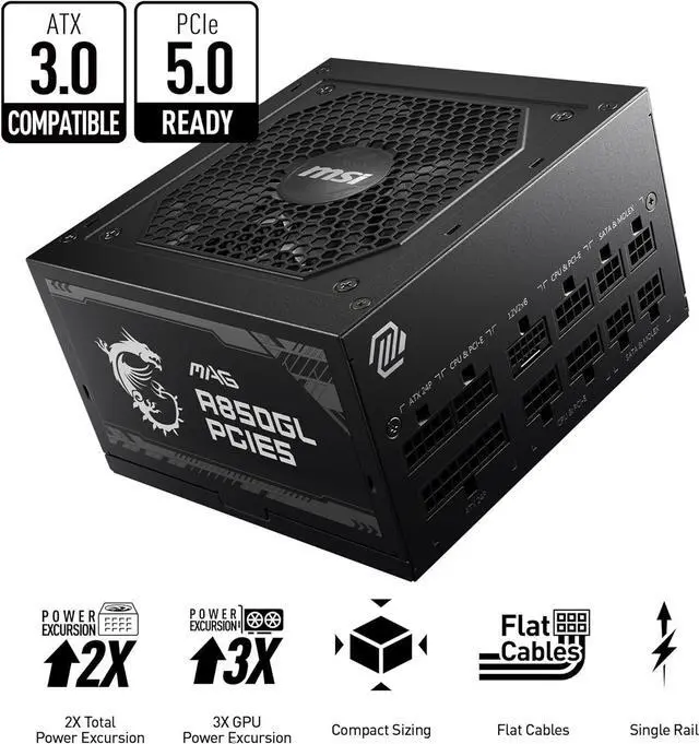 Alt view image 2 of 7 - MAG A850GL PCIE 5 & ATX 3.0 Gaming Power Supply - Full Modular - 80 Plus Gold Certified 850W - Compact Size - ATX PSU