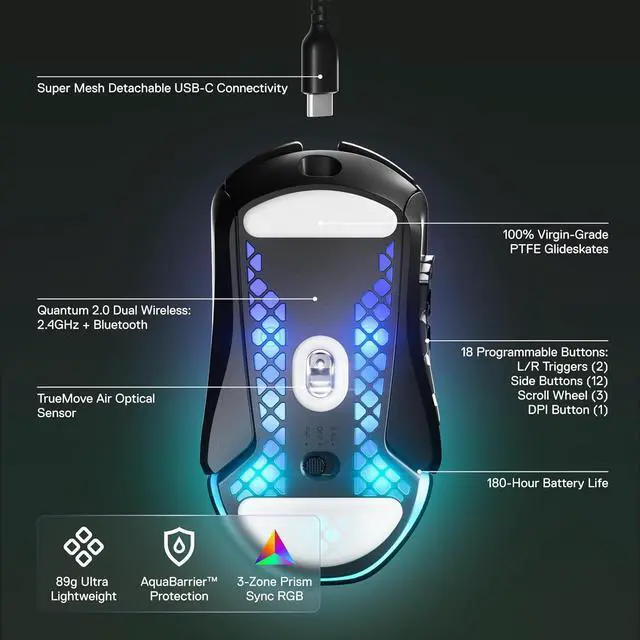 Alt view image 3 of 6 - SteelSeries Aerox 9 Wireless - Holey RGB Gaming Mouse - Ultra-lightweight Water Resistant Design - 18 Buttons  Bluetooth/2.4 GHz - 18K DPI TrueMove Air Optical Sensor