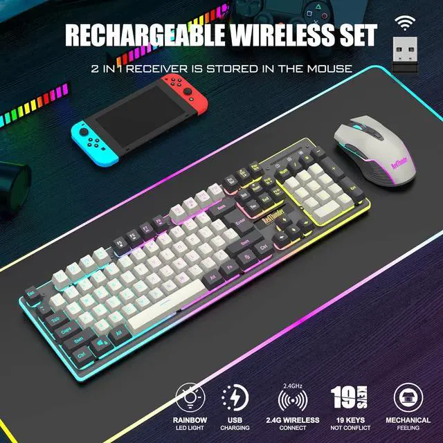 Alt view image 2 of 7 - RedThunder K10 Wireless Gaming Keyboard and Mouse Combo, LED Backlit Rechargeable 3800mAh Battery, Mechanical Feel Anti-ghosting Keyboard + 7D 3200DPI Mice for PC Gamer (White-Gray)