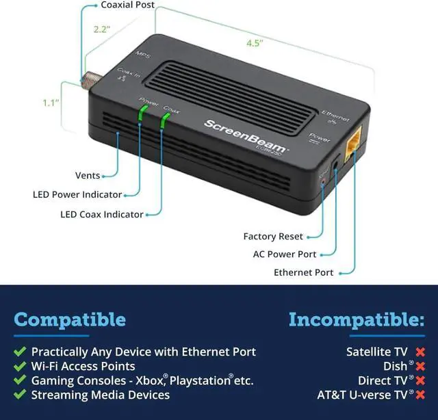 Alt view image 7 of 7 - Screenbeam Bonded MoCA 2.0 Network Adapter for High Speed Internet, Ethernet Over Coax - Starter Kit (Model: ECB6200K02)