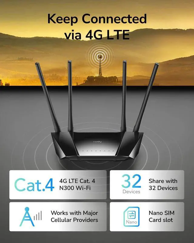 Alt view image 2 of 7 - Cudy N300 WiFi Unlocked 4G LTE Modem Router with SIM Card Slot, 300Mbps WiFi, LTE Cat4, EC25-AFX Qualcomm Chipset, 5dBi High Gain Antennas, FDD, DDNS, VPN, Cloudflare, Plug and Play, LT400
