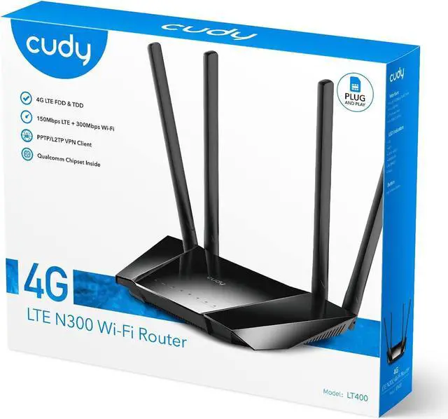 Alt view image 7 of 7 - Cudy N300 WiFi Unlocked 4G LTE Modem Router with SIM Card Slot, 300Mbps WiFi, LTE Cat4, EC25-AFX Qualcomm Chipset, 5dBi High Gain Antennas, FDD, DDNS, VPN, Cloudflare, Plug and Play, LT400
